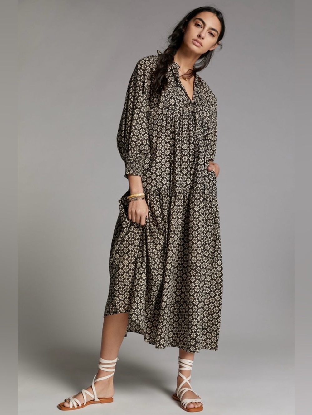 ANTHROPOLOGIE KINGA CSILLA COTTON JOSEFINA FLORAL MAXI BALOON SL BOHO DRESS S